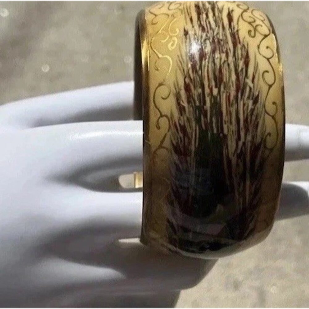 Vintage Peacock Feather Brass & Cloisonne Chunky Bangle Bracelet Women’s sz 8"